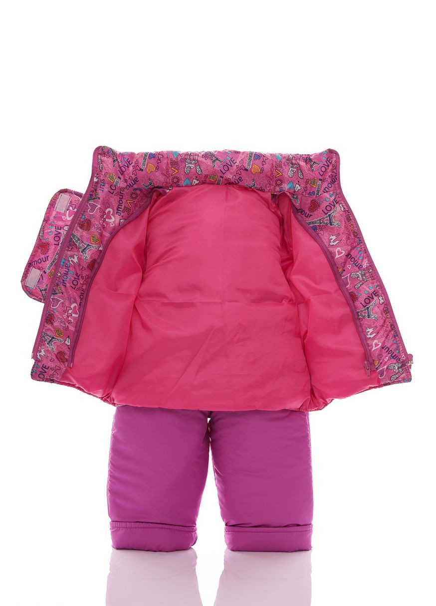 Рожевий зимній комбінезон на синтепоні для дівчинки з принтом сердечек нуль підстібка рожеве коричневе хутро 86 см (50726) BABYKROHA