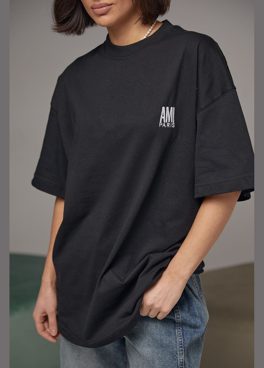 Черная летняя хлопковая футболка с вышитой надписью ami paris 3228 с коротким рукавом Lurex