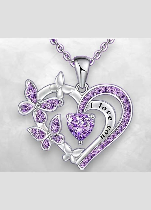 Цепочка с кулоном женская серебристое сердце с фиолетовыми фианитами камнями и бабочками Я люблю тебя Liresmina Jewelry (289199388)