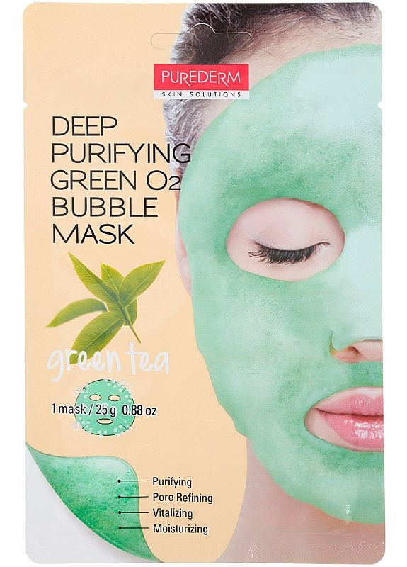 Очищающая пенная маска "Зеленый чай" Deep Purifying Green O2 Bubble Mask Green Tea 25g (2-856488) Purederm (369791492)