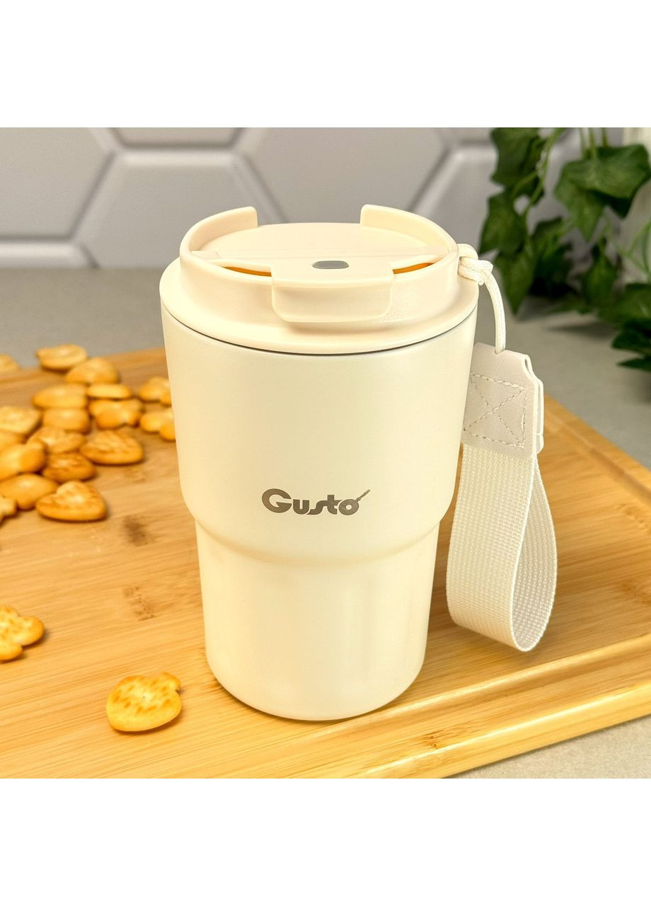 Термочашка из нержавеющей стали с ремешком 350 мл GT GR-1123 молочная Gusto (365815146)