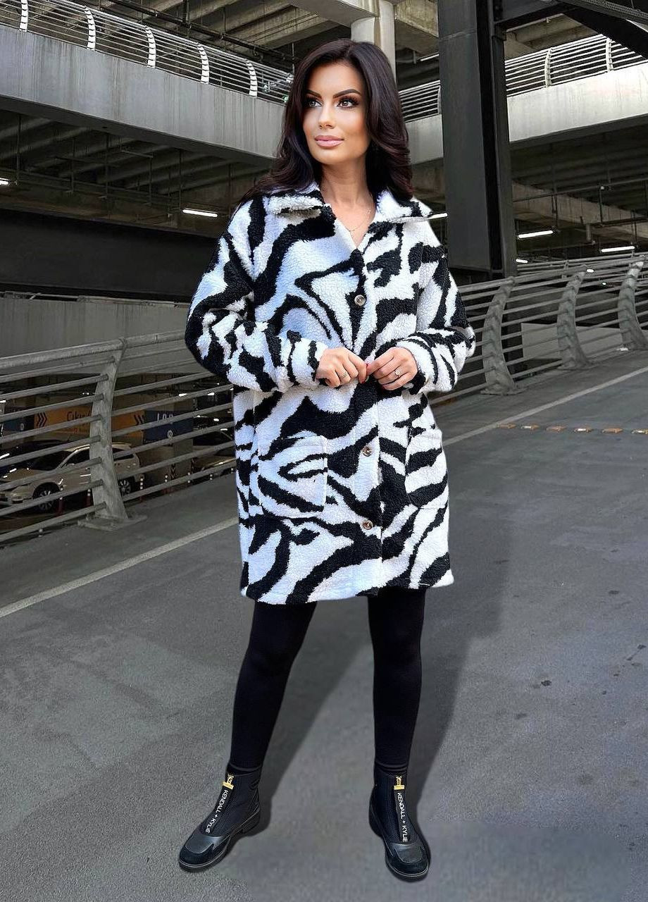 Черно-белое демисезонное Короткое меховое пальто Тедди зебра без подкладки весна-осень оверсайз Modena