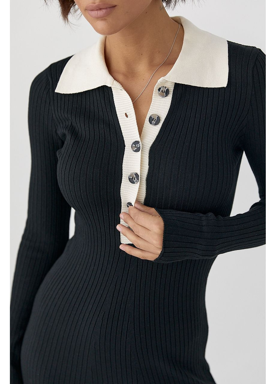 Черное повседневный, деловое, кэжуал длинное трикотажное платье-поло в рубчик No Brand однотонное