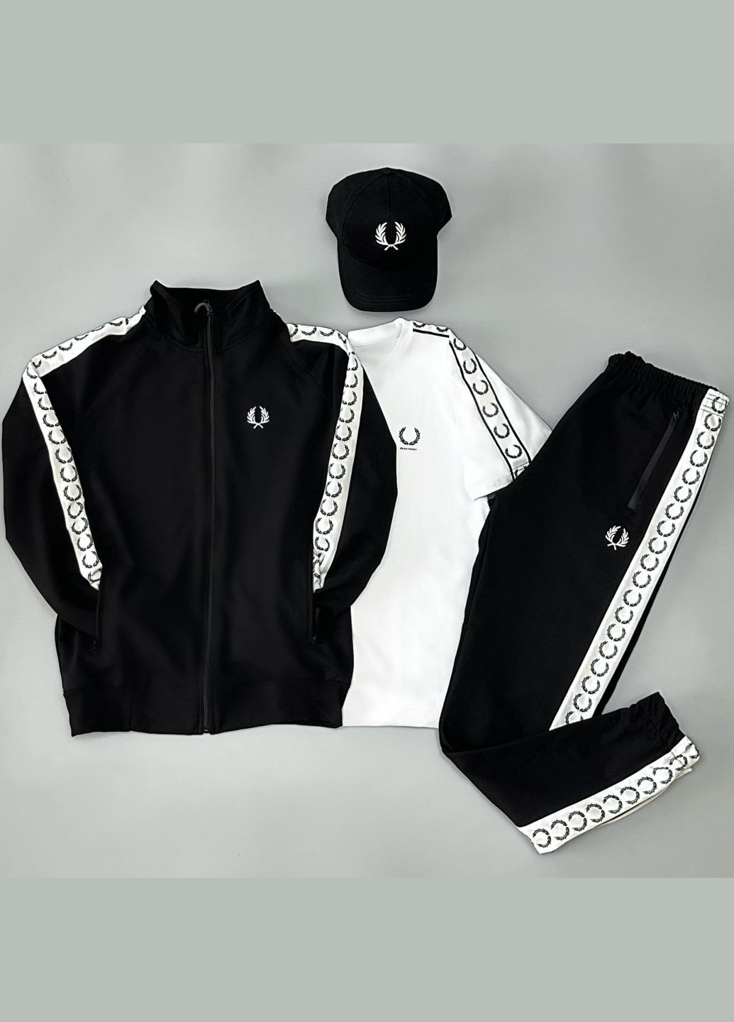 Стильный мужской костюм 3в1 + кепка Fred Perry черный No Brand (341306124)