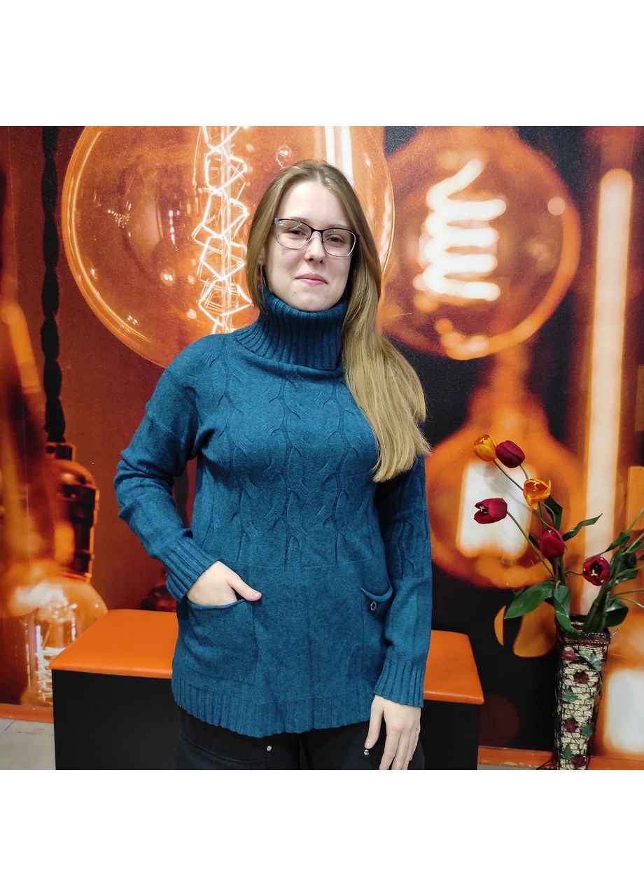 Зеленый зимний свитер женский прямой крой спущенный рукав косичка кармана 46/48 синий No Brand