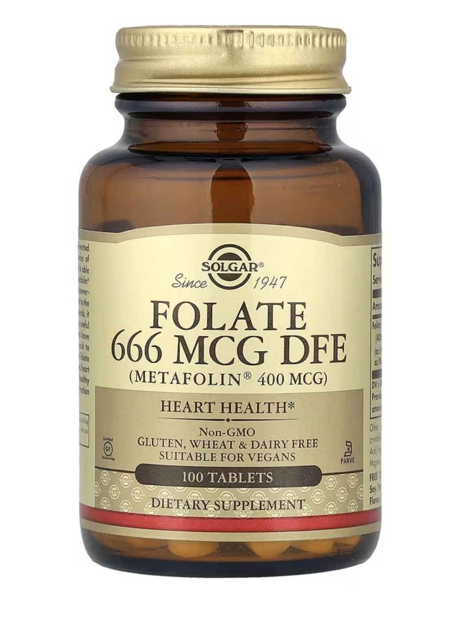 Фолат (метафолін), 666 мкг DFE (400 мкг), 100 табл., для метаболізму та нервової системи Solgar (356019972)