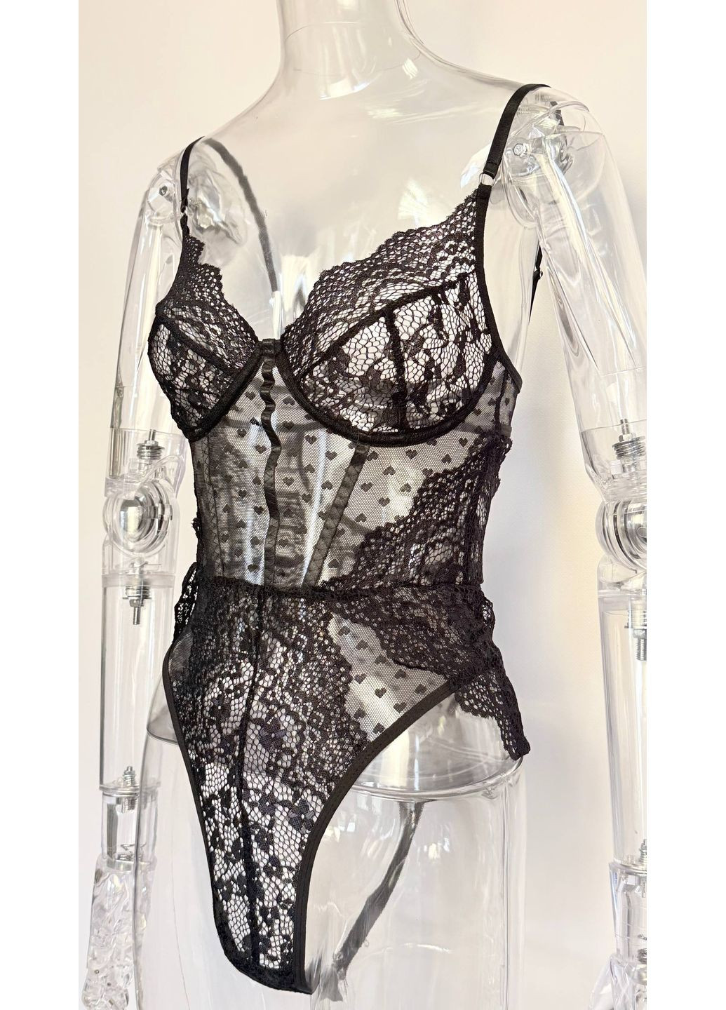 Боди женский ажурный кружево в сердечки соблазнительный с тонкими брителями черный No Brand Maya (324235176)