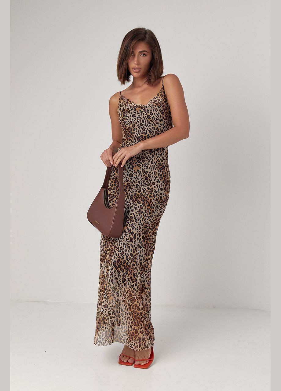 Коричневое повседневный леопардовый сарафан на бретелях с обнаженной спиной коричневый цвет s с открытыми плечами No Brand леопардовый
