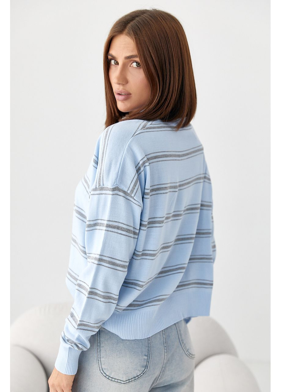 Блакитний демісезонний в'язаний смугастий светр-поло - пудра колір Lurex