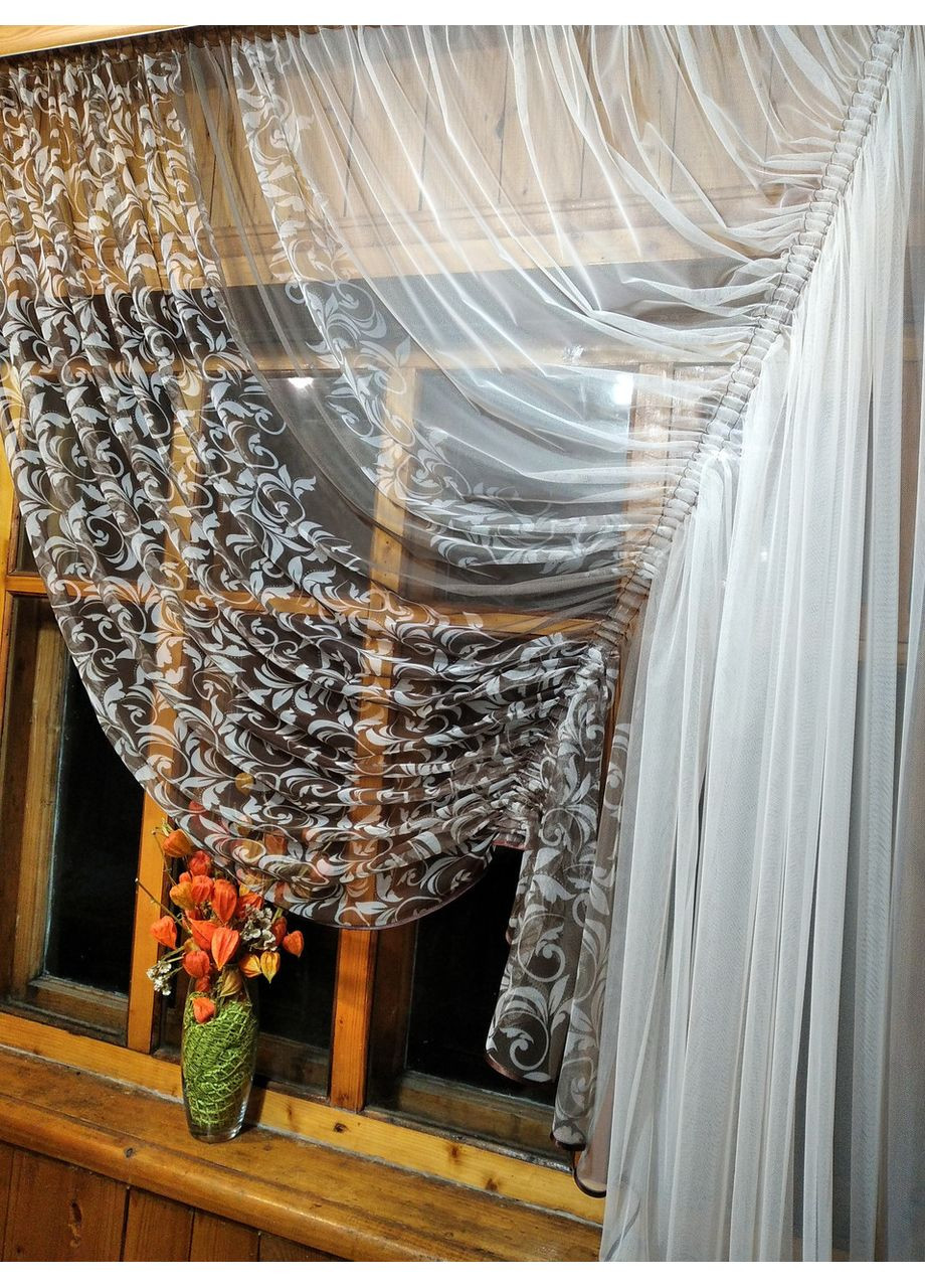 Фіранка коротка готова Камелія шоколад амбре No Brand (372133979)