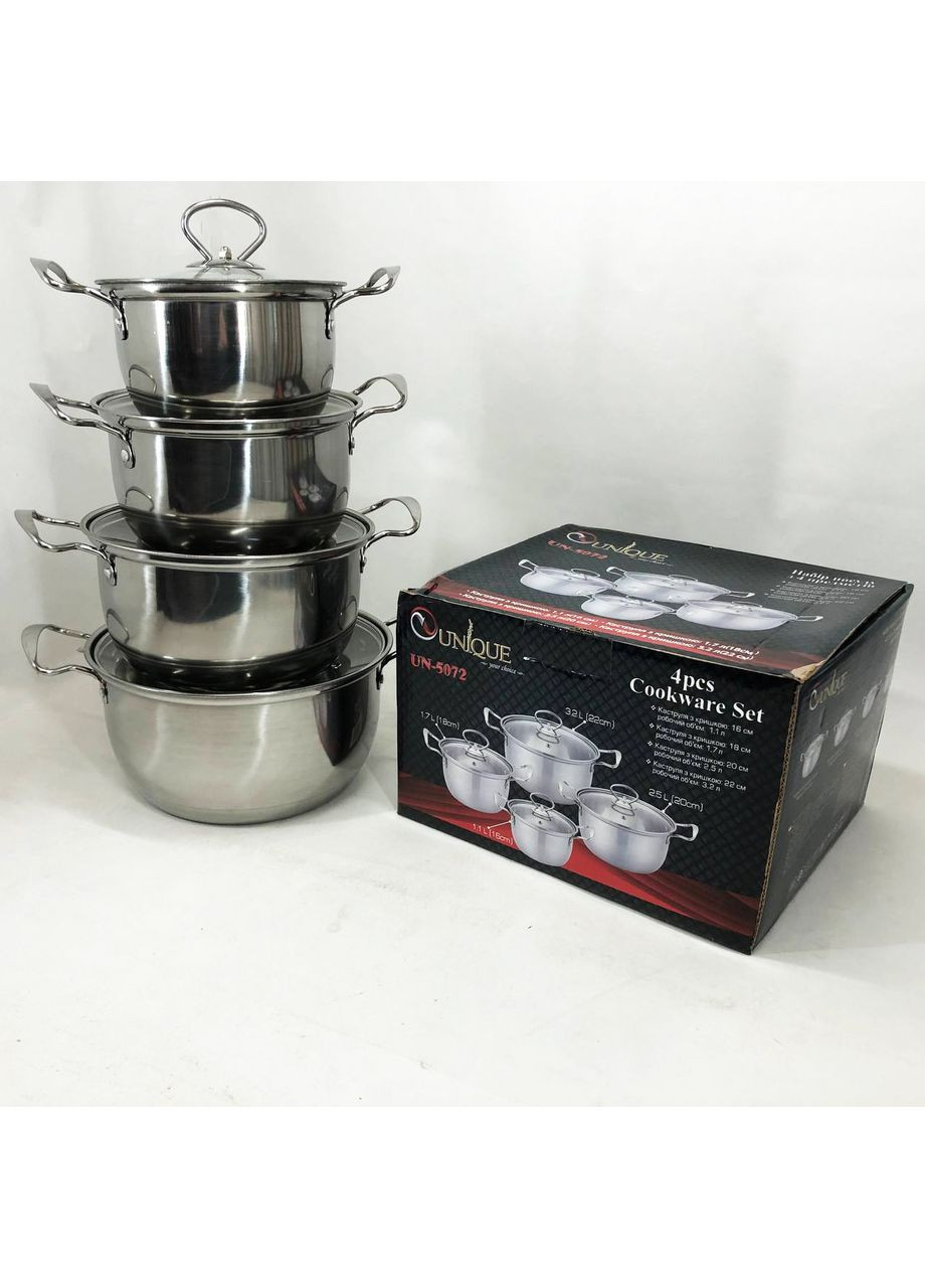 Набор кастрюль UN-5072 8 предметов нержавеющая сталь стеклянные крышки, Набор посуды для плит Unique (366238633)