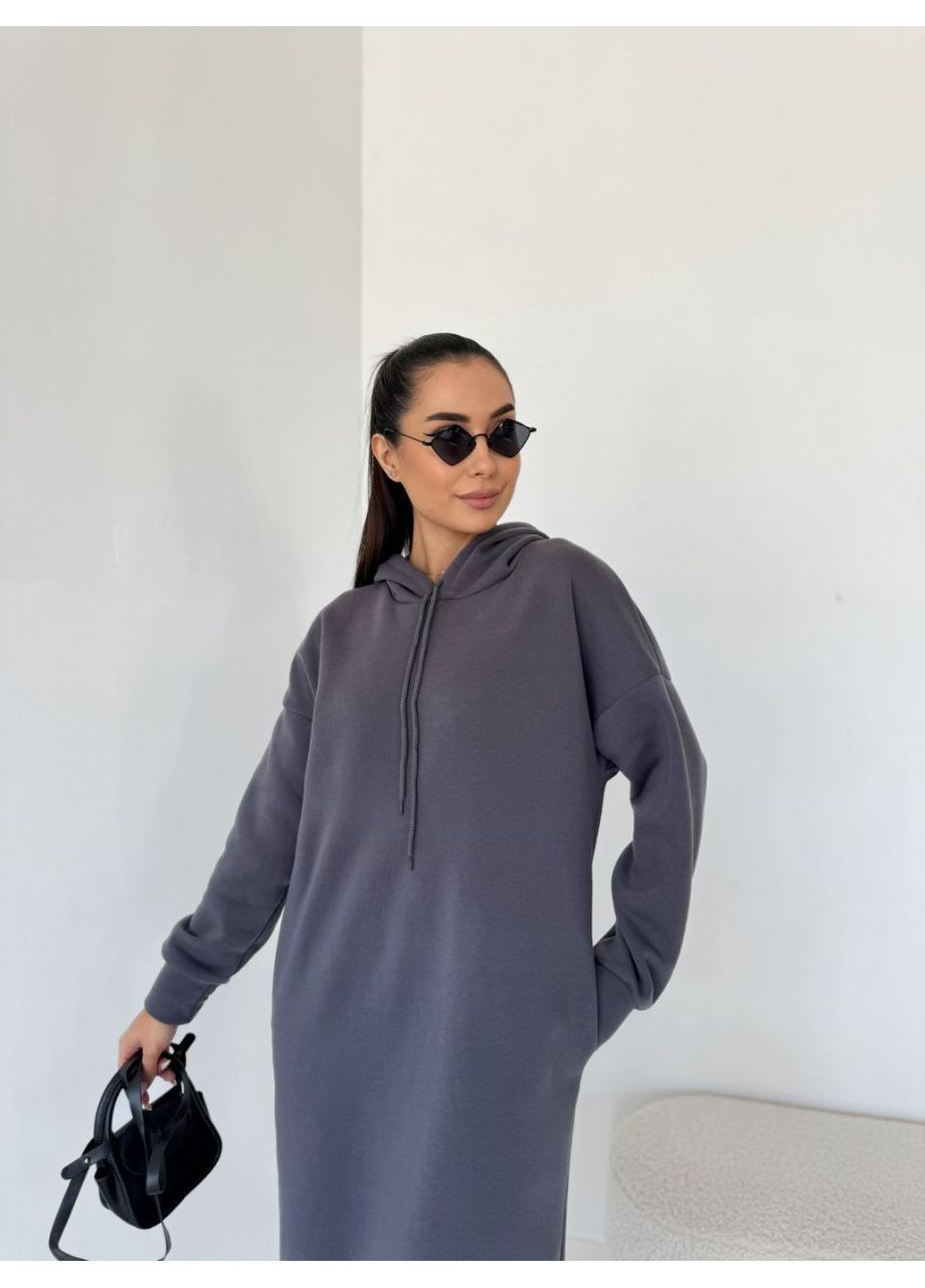 Графітова сукня з капюшоном та кишенями оверсайз тринитка на флісі Україна