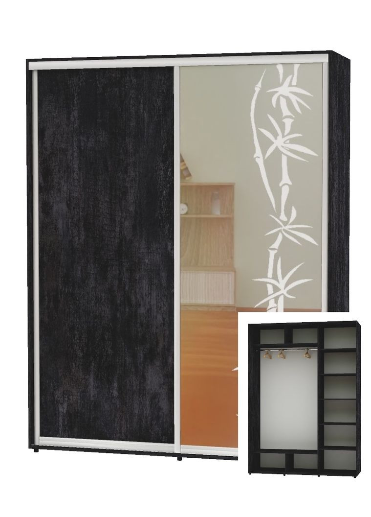 Шкаф-купе двухдверный 170*60*240 Бетон темный ДСП/Зеркало с пескоструйным рисунком Алекса (360479135)