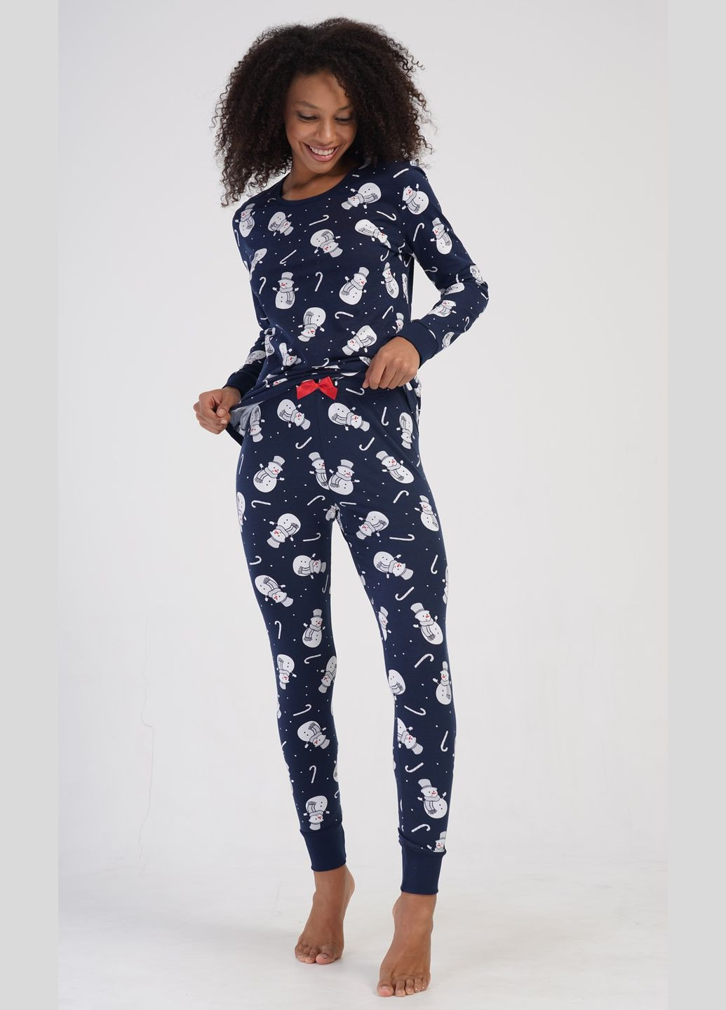 Синяя всесезон пижама хлопковая женская (лонгслив, брюки) снеговичек лонгслив + брюки Vienetta