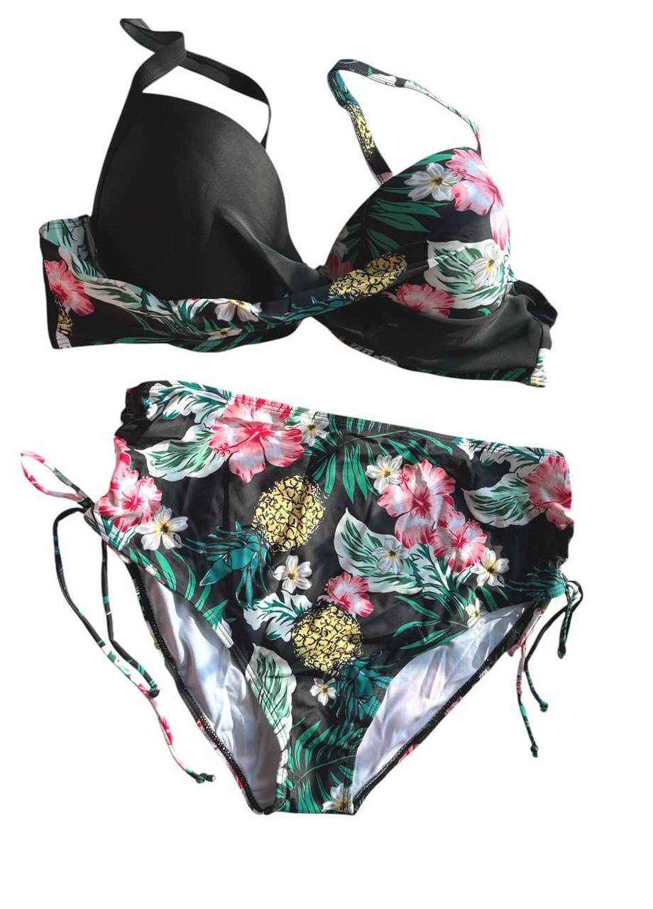 Чорний літній купальник жіночий роздільний чорний тропічний принт великий роздільний No Brand 7740