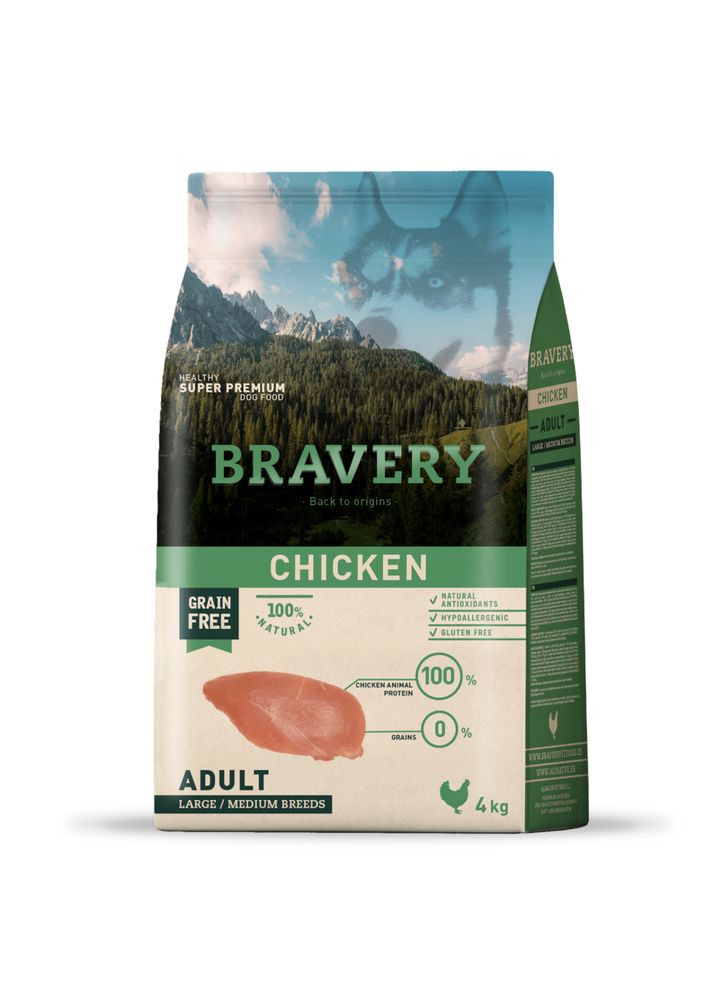 Сухий корм для собак cередніх та великих порід Chicken Adult Large/Medium з куркою 4 кг (*) Bravery (350197748)