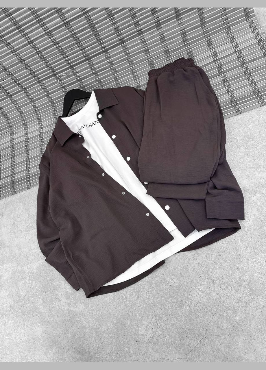 Коричневий літній костюм: штани та сорочка з легкого дихаючого матеріалу з сорочкою, брючний Україна