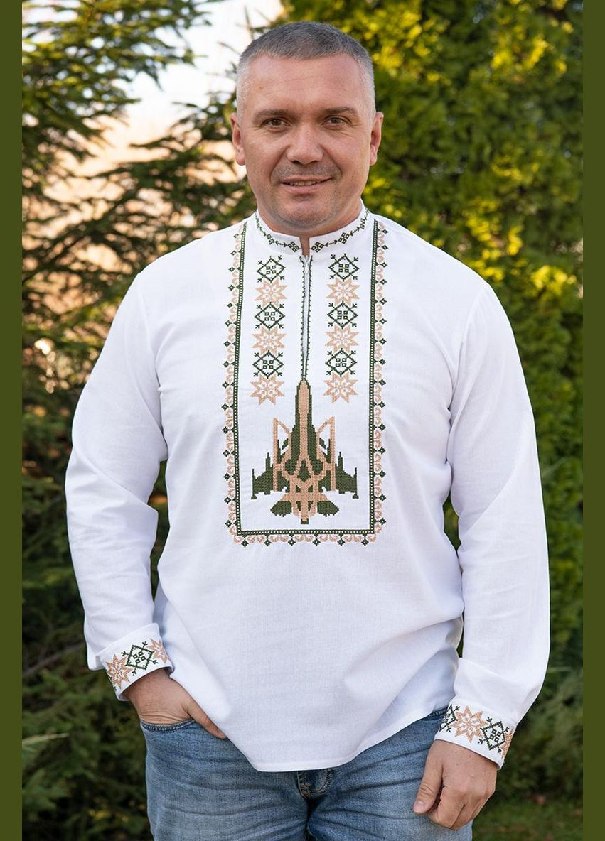Біла чоловіча вишиванка біла льон з довгим рукавом стильна українська сорочка для свята та повсякденного одягу візерунок українська символіка приталена, вільна, пряма льон (321967584)