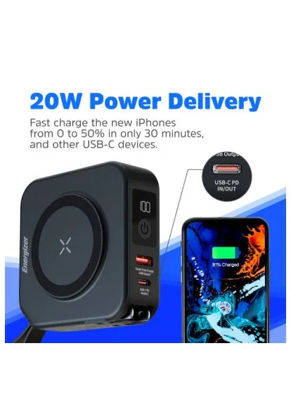 Универсальный аккумулятор Magnetic Wireless 10000mAh 20W PD, AC зарядка, QI/15W, встроенный USB-C (QM10001AC) Energizer QI/, Magnetic Wireless 10000mAh 20W PD, AC зарядка (389991897)