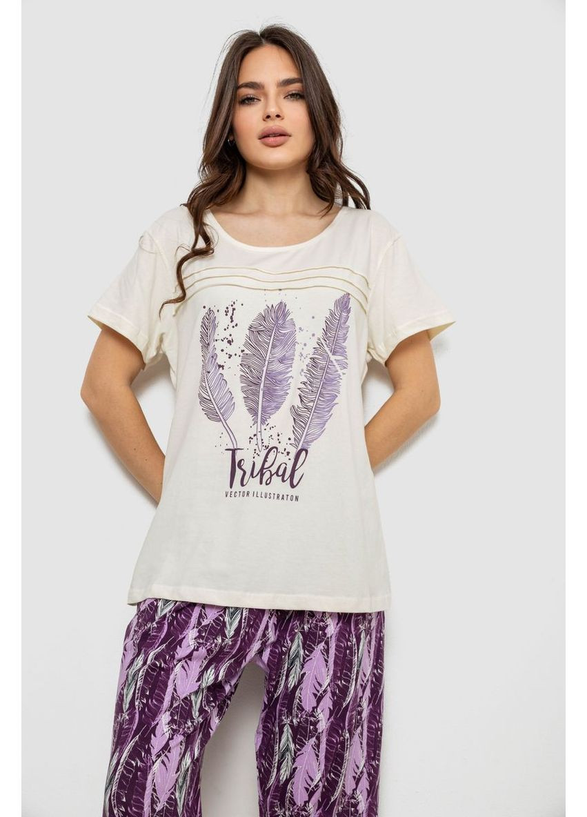 Молочна всесезон жіноча піжама з принтом, колір молочний, 243r1602-002 Isik
