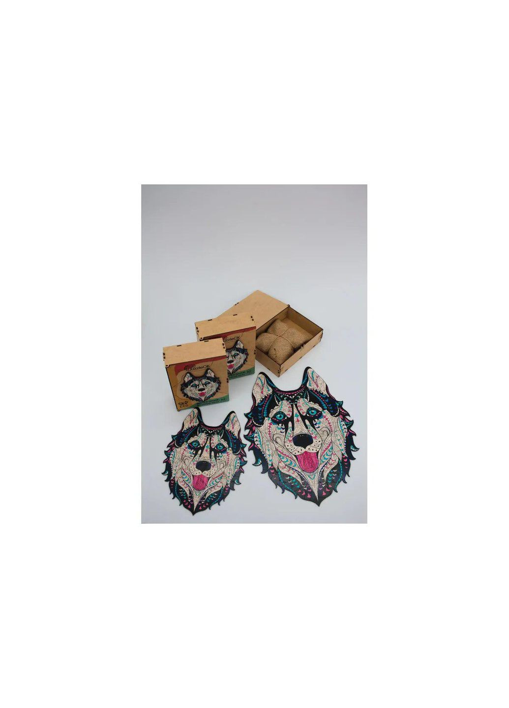 Фігурний дерев'яний пазл Сніжний Хаскі A3 в дерев'яній упаковці 123 деталі 03112 PuzzleOK (329898675)