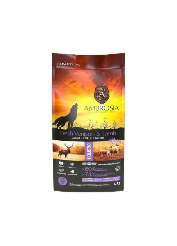 Grain Free Dog Adult Fresh Venison & Lamb - Сухий беззерновий корм зі свіжою олениною та ягням для дорослих собак - 12 кг Ambrosia (369624967)
