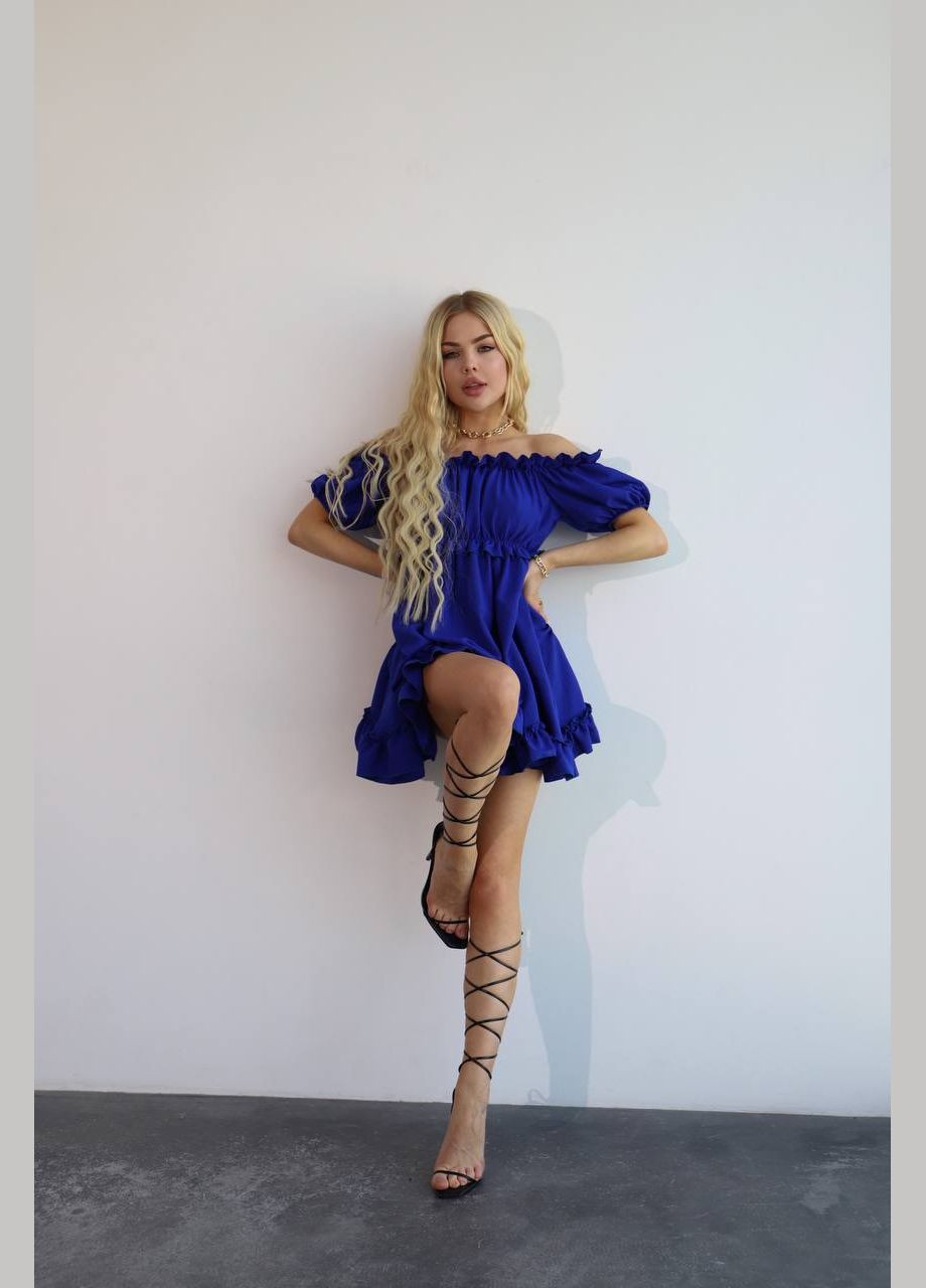 Синее нежное синее летнее платье из американского крепа с открытыми плечами в размере 42-46, короткое платье с открытым декольте No Brand