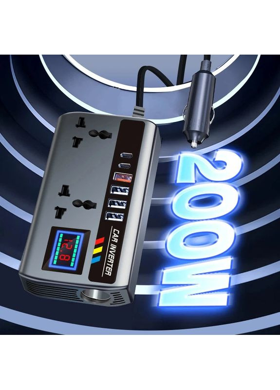 Портативний автомобільний інвертор SHIDWJ 200W DC 12 V / 24 V AC 220 V зі швидкими портами QC 3.0 і PD Type-C No Brand (370159651)