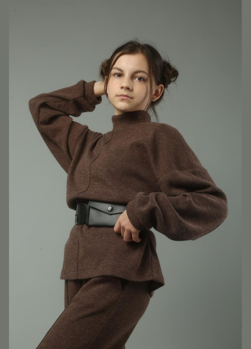 Коричневий демісезонний ангоровий костюм "кава" з поясом брючний IRmAS оверсайз