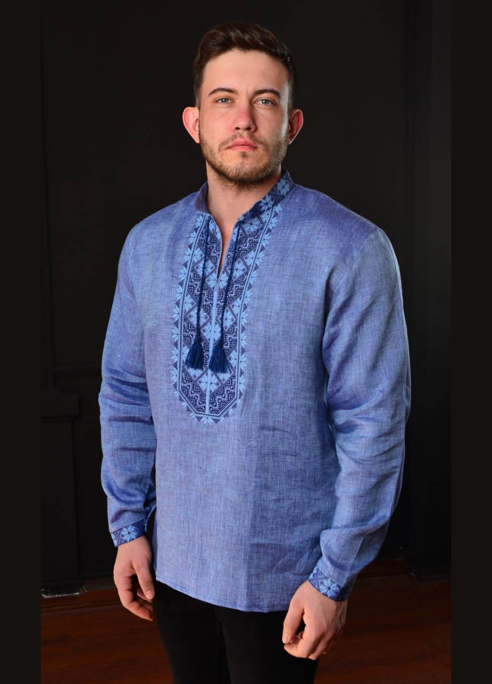 Синяя мужская вышиванка vishivano4ka узор геометрический прямой хлопок (305834698)