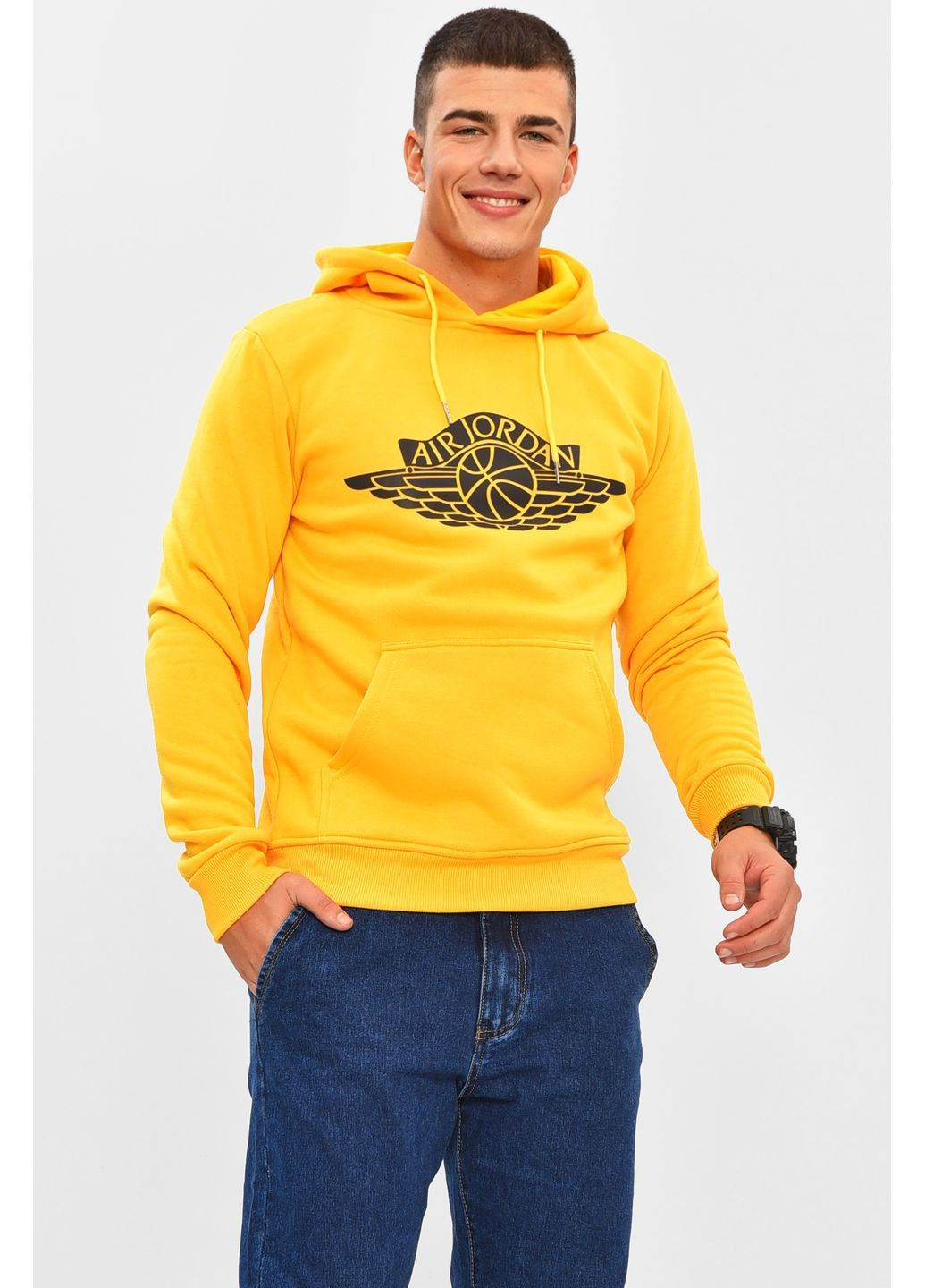 Желтый худи мужское на флисе жёлтого цвета с принтом Let's Shop рисунок без декора (364117948)