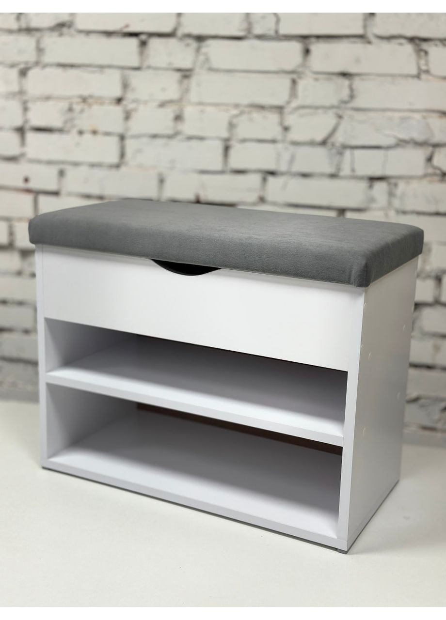Банкетка для взуття в передпокій. Верхня частина відкривається. ДСП в білому кольорі. Тканина сіра. Шириною 80см. No Brand (369559592)