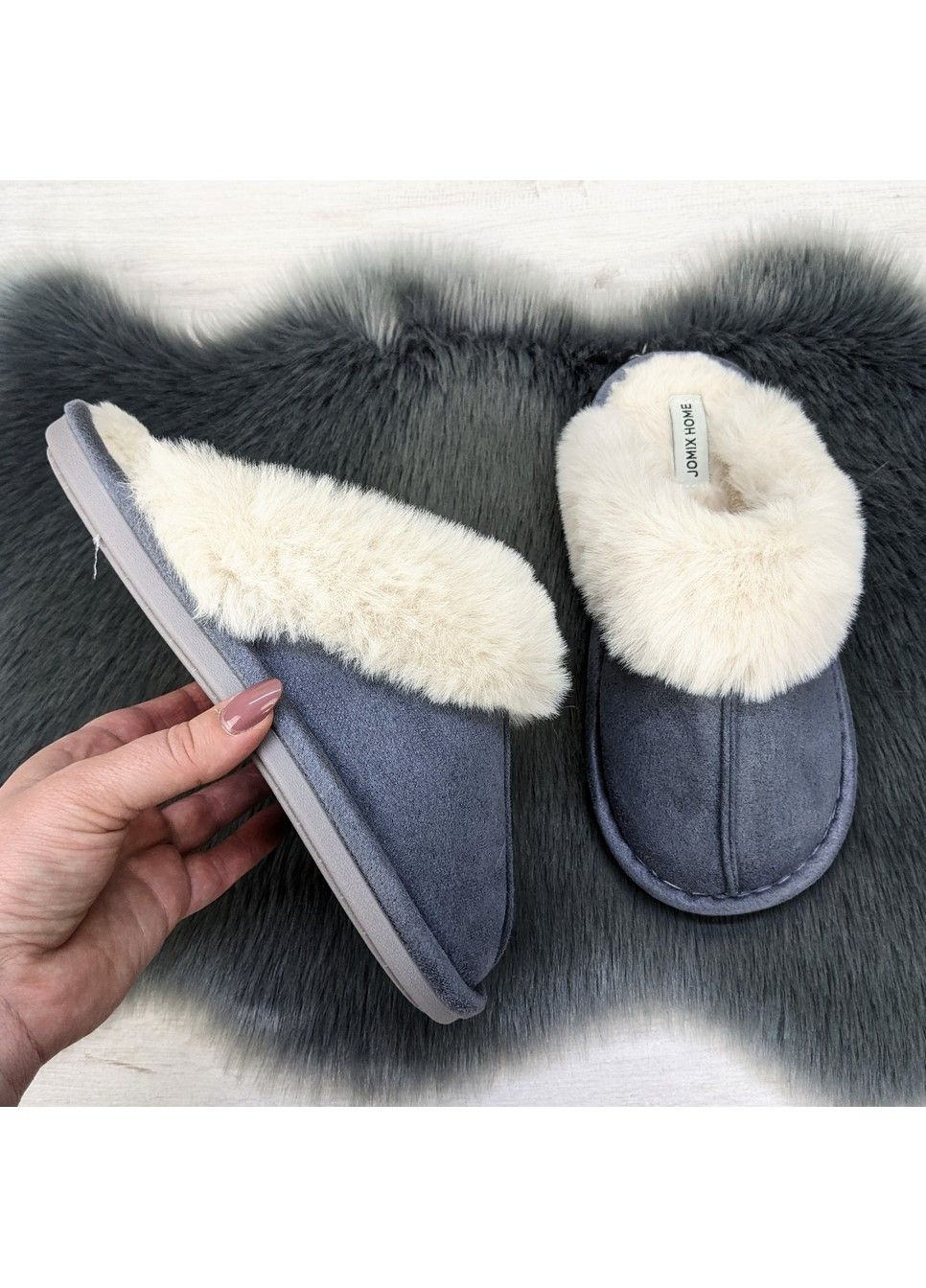 Серые тапочки женские домашние замшевые с меховой опушкой Jomix