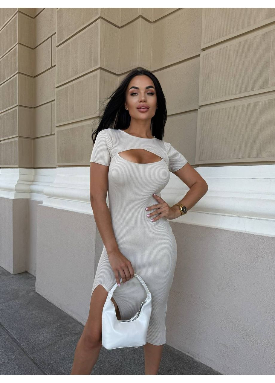Бежева святковий, повсякденний, вечірня, кежуал стильна сукня міді з вирізом Vakko однотонна