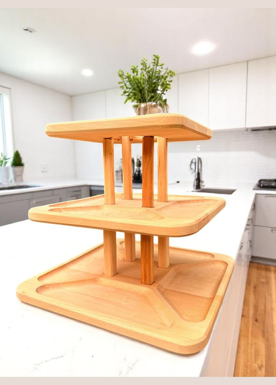 Деревянный универсальный трехъярусный столик из Бука 32x32x3 шт. Трех Ярусная монашественница Разборная №1 No Brand (332210346)