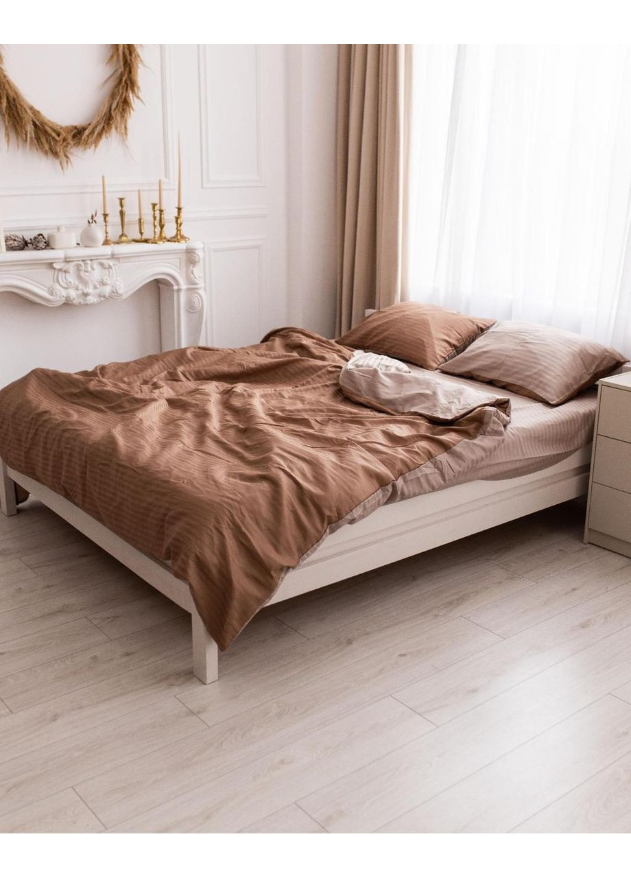 Постільна білизна з резинкою Карамель + беж страйп сатин PREMIUM Сімейний розмір, наволочки 70/70 No Brand (364220704)