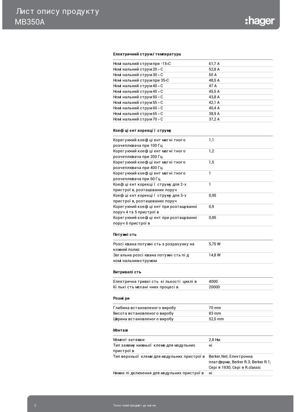 Ввідний автомат трьохполюсний 50А автоматичний вимикач MBN350 3P 6kA B-50A 3M (3129) Hager (295035706)