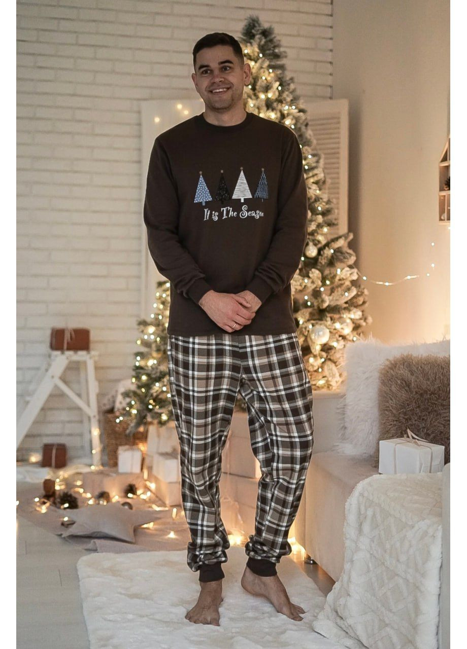 Коричневая зимняя парные комплекты святковий затишок мужская и женская пижама family look с начесом лонгслив + брюки Cosy