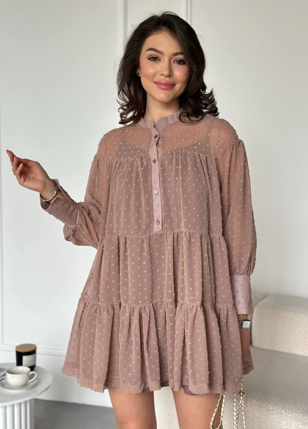 Кавова повсякденний сукня міні з двох частин: нижня сукня-майка та верхня об'ємна Tik-Tak однотонна