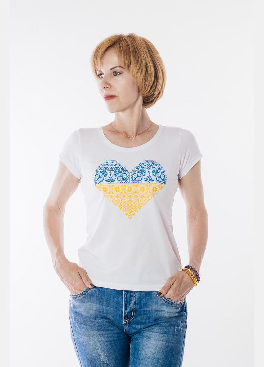 Біла патріотична жіноча футболка з серцем у жовто-блакитних кольорах xs–3xl, xs бавовна (301046864)