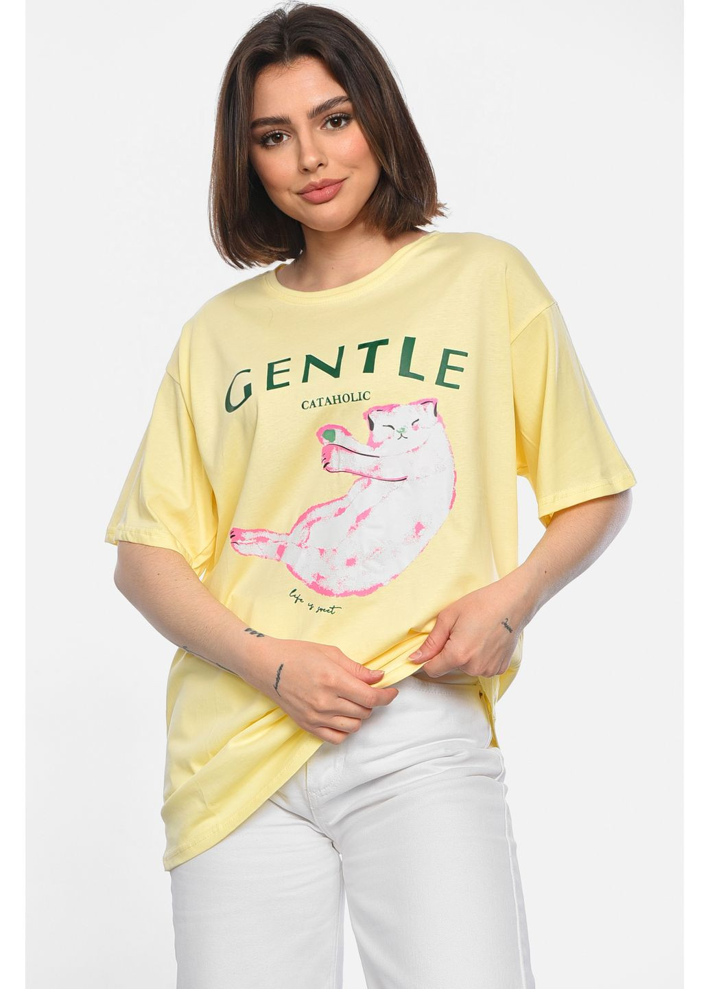Футболка женская полубатальная желтого цвета Let's Shop - (351851294)