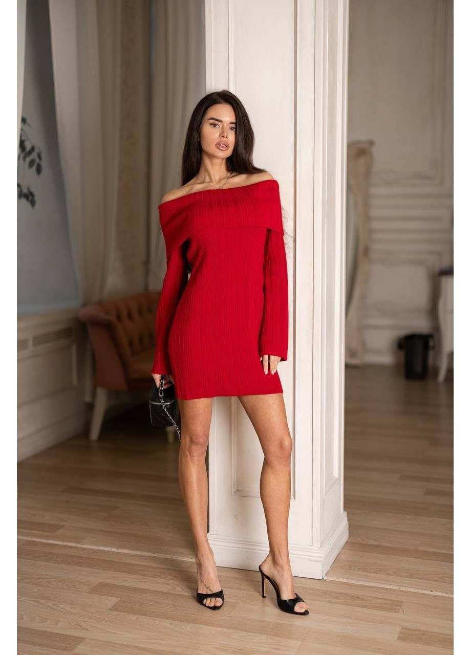 Червона повсякденний жіноча в'язана сукня з відкритими плечима з відкритими плечима KaraMix однотонна