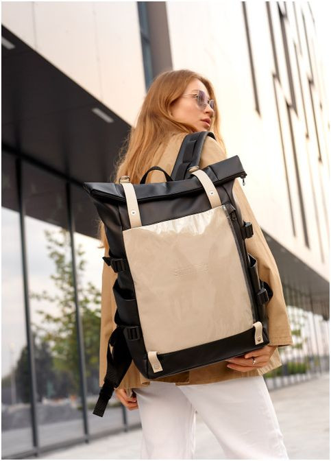 Жіночий рюкзак роллтоп з кишенею під ноутбук Чорний із сірим (4820301641) Sambag (361244755)