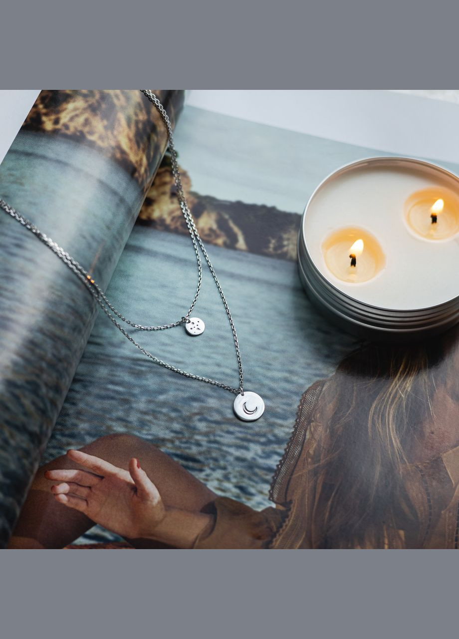 Кольє срібне подвійне Монетки з зірками та місяцем на ланцюжках без каміння Каштан (342334823)