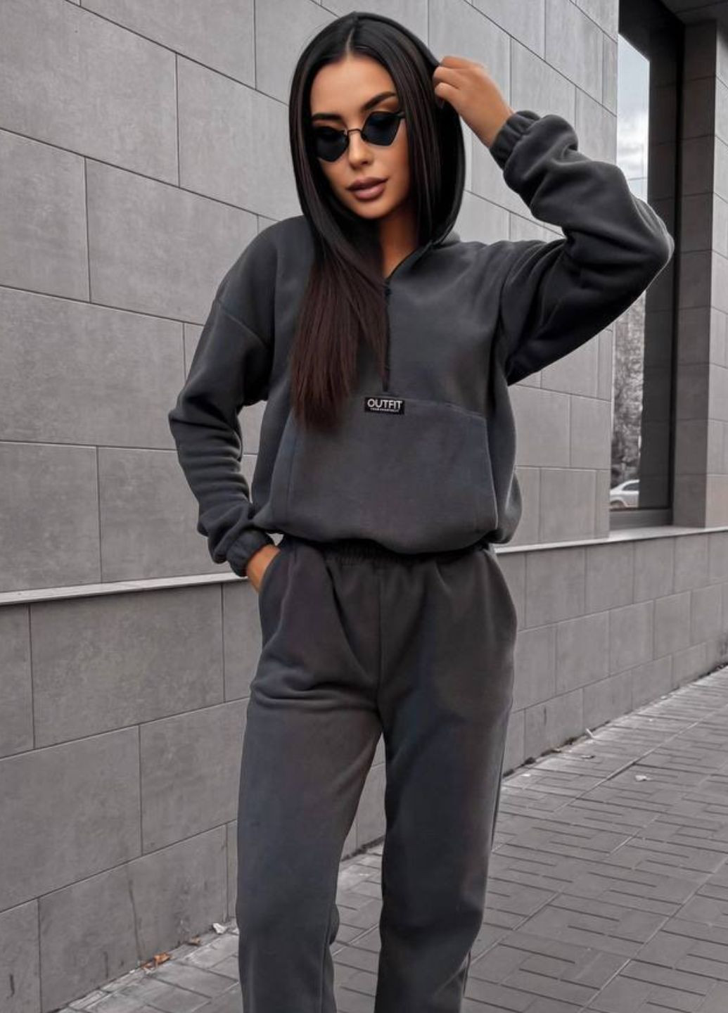 Базовий повсякденний флісовий костюм двійка: кофта на змійці з капюшоном та кишенею кенгуру + штани на резинці Tik-Tak (325608999)