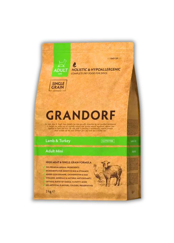 Сухой корм для собак Ягненок и индейка для взрослых собак малых пород 1 кг Grandorf (346476304)
