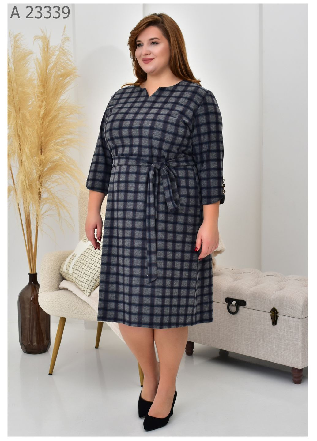 Серое повседневный женское платье большого размера SK в клетку