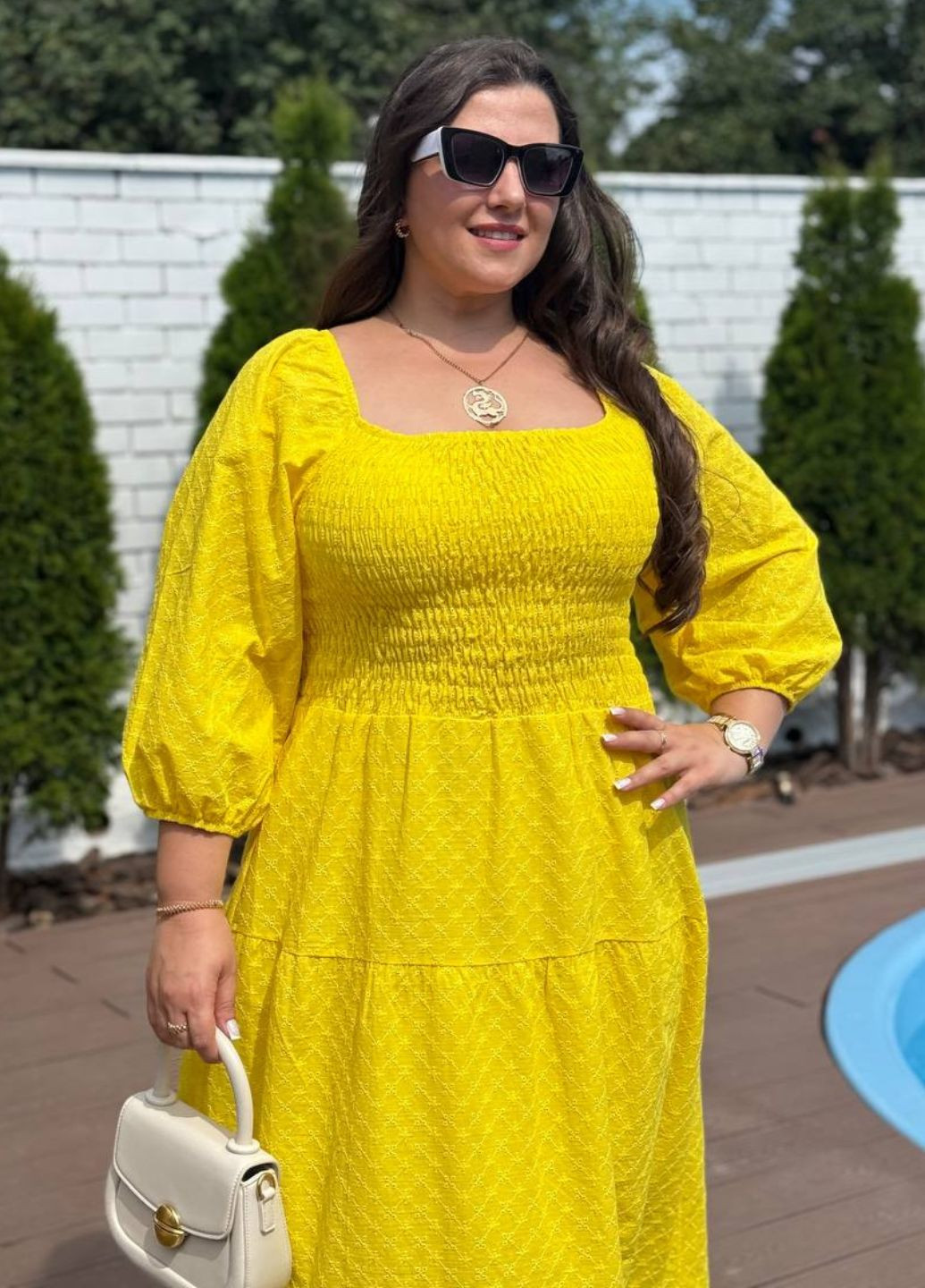 Желтое повседневный изысканное легкое летнее макси платье прошва с подкладкой и длинными рукавами фонарик Tik-Tak однотонное