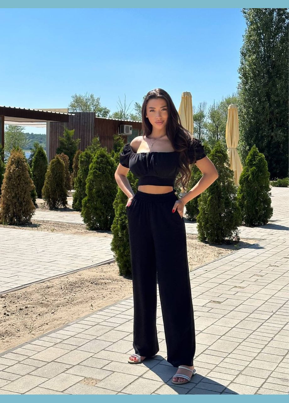 Чорний костюм двійка (топ+штани) з креп-жатки з відкритим декольте, літній легкий костюм 2-ка з відкритими плечима No Brand 200 (299762992)