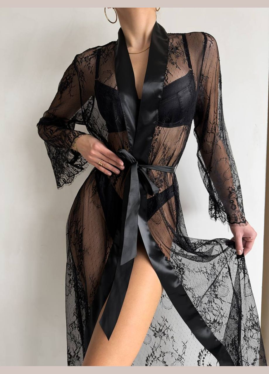 Жіночий мереживний для дому і сну чорний No Brand халат (317253566)